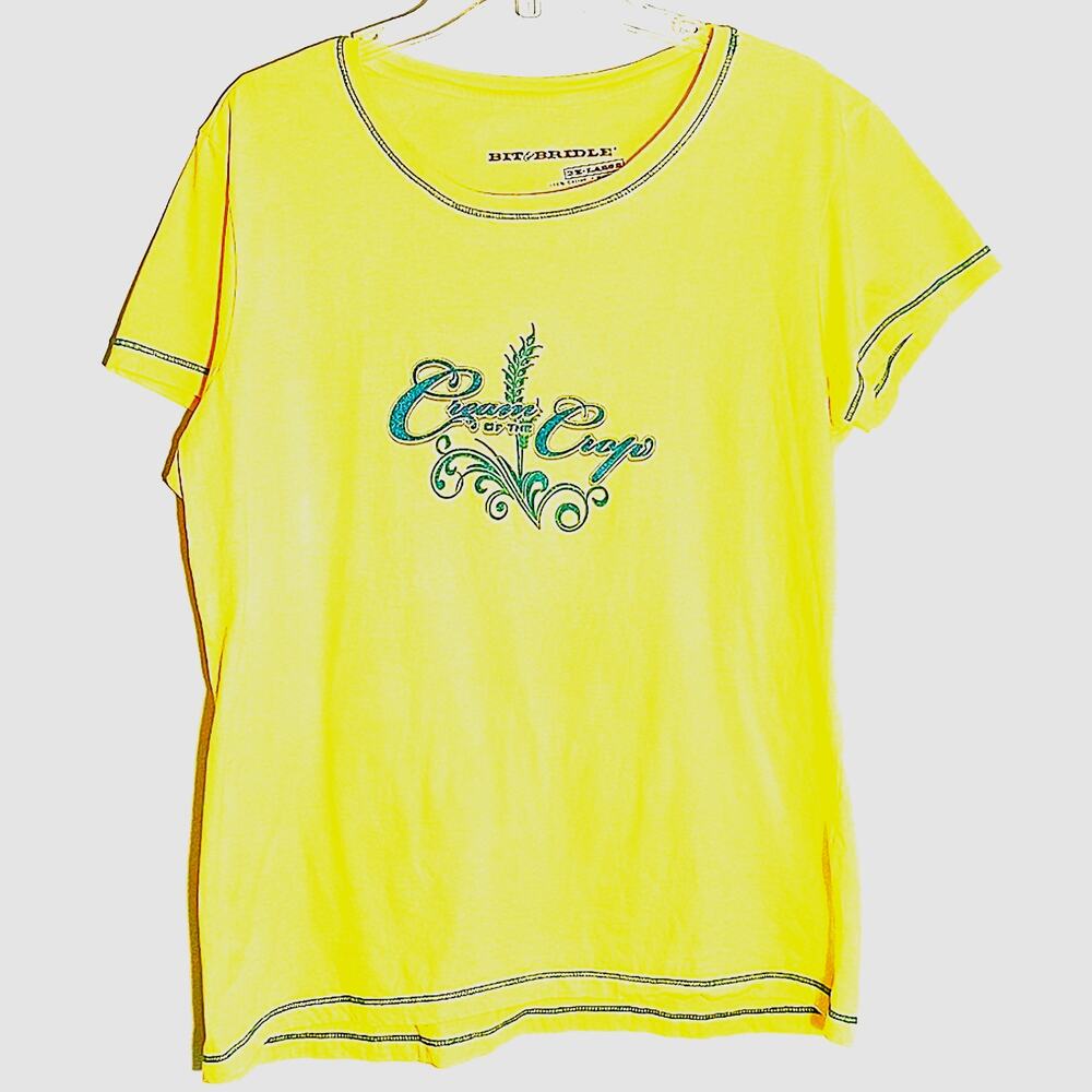 Bit & Bridle Tee Women's Sz 2XL Yellow Short Sleeve Cotton Graphic Print T-shirt